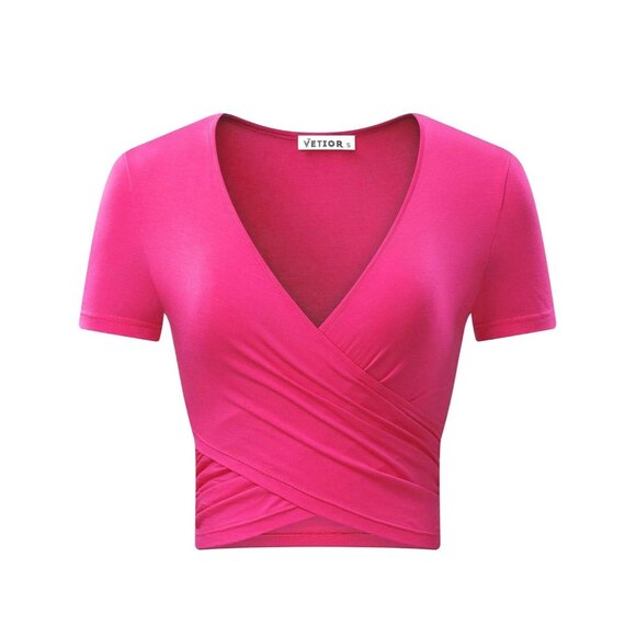 🍒 2/$20 🍒 Women's V-Neck Wrap Crop Top In Hot Pink Size L 100% Modal - Picture 1 of 4